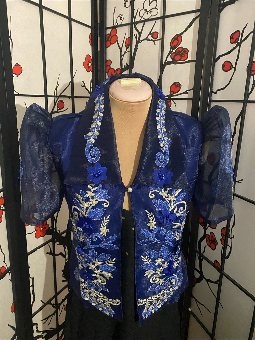 Embroidered Filipiniana Royal Blue Women's Bolero with Puff Sleeves